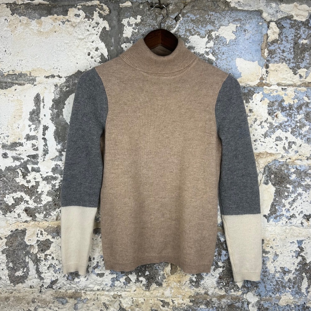 Morgan Taylor Cashmere Turtleneck Sweater Womens Small Tan Grey Colorblock